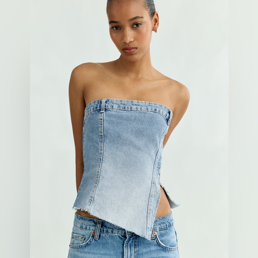 Zara nwt corsety inspired denim jeans blogger fav top blouse crop top